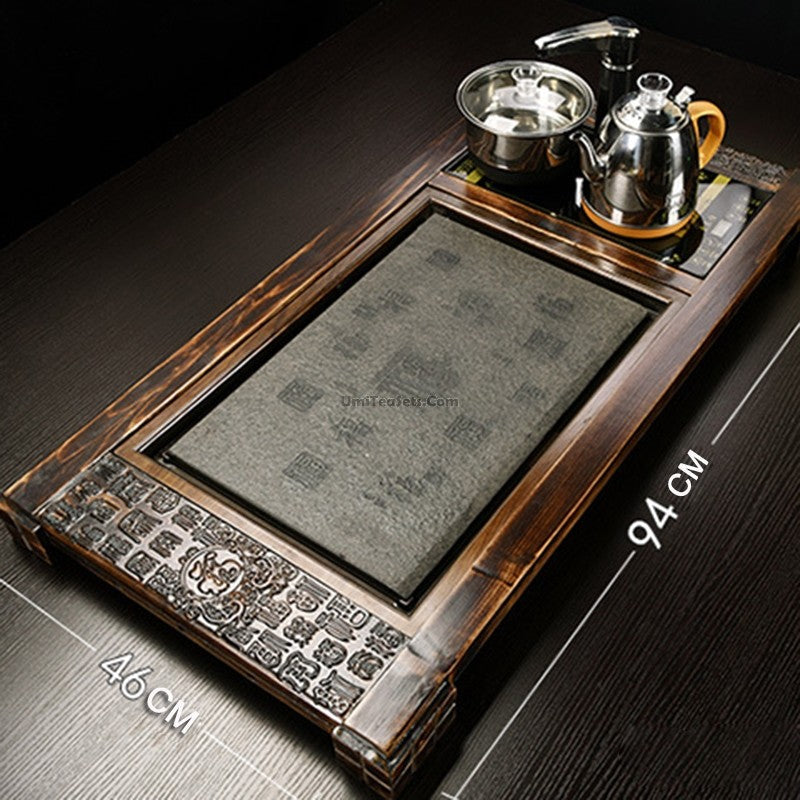 Ice Crack Glaze Gongfu Tea Set Stone Wood Tray Fu Carving