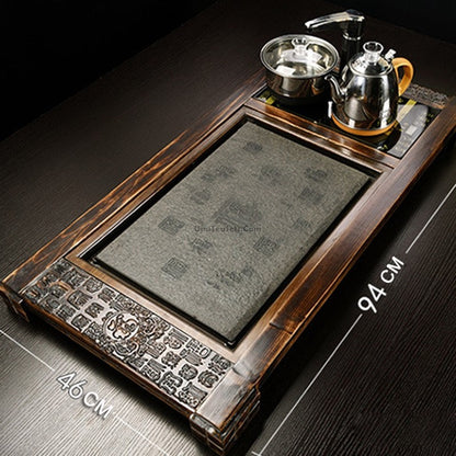 Ice Crack Glaze Gongfu Tea Set Stone Wood Tray Fu Carving