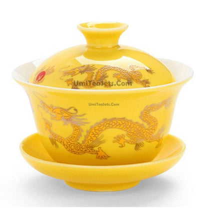 Dragon Pattern Gaiwan | Porcelain 3 Colors Red Yellow Black
