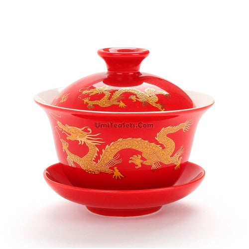 Dragon Pattern Gaiwan | Porcelain 3 Colors Red Yellow Black