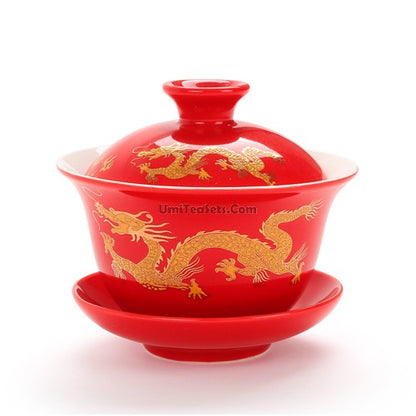 Dragon Pattern Gaiwan | Porcelain 3 Colors Red Yellow Black