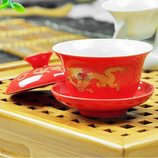 Dragon Pattern Gaiwan | Porcelain 3 Colors Red Yellow Black