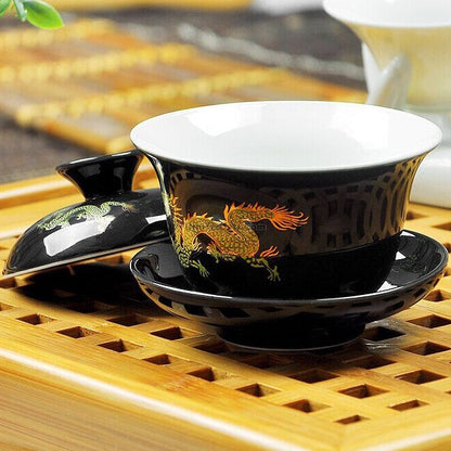 Dragon Pattern Gaiwan | Porcelain 3 Colors Red Yellow Black