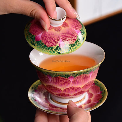 Pink Lotus Gaiwan | Enamel Porcelain Chinese Tea Bowl 150ml