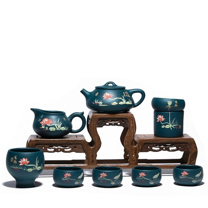 Gongfu Tea Set Yixing Blue Clay Lotus Shi Piao 8-Piece