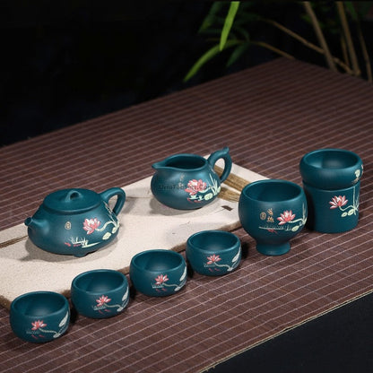 Gongfu Tea Set Yixing Blue Clay Lotus Shi Piao 8-Piece