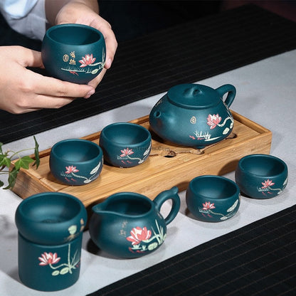 Gongfu Tea Set Yixing Blue Clay Lotus Shi Piao 8-Piece