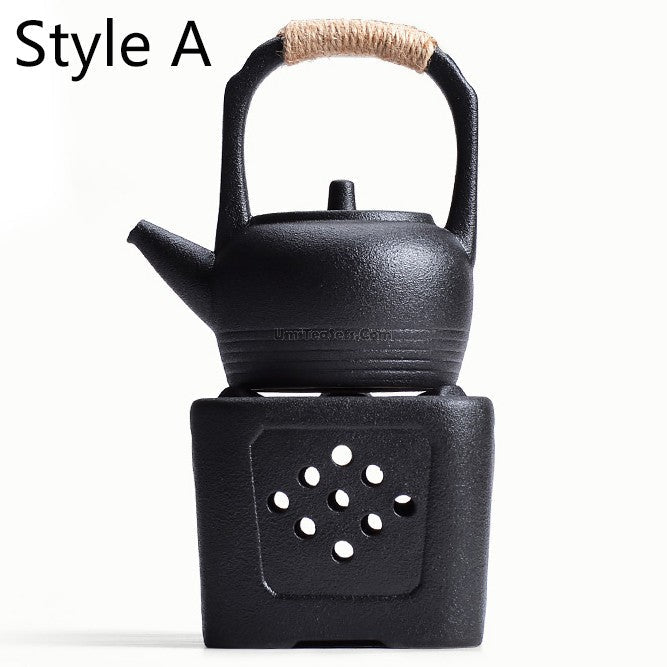Black Pottery Teapot Set With Alcohol Warmer