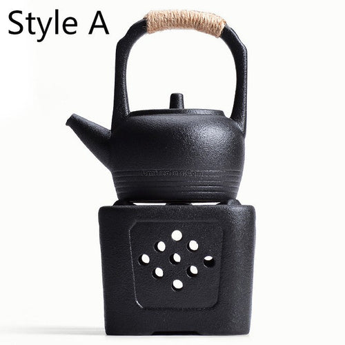 Black Pottery Teapot Set With Alcohol Warmer