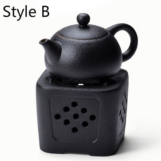 Black Pottery Teapot Set With Alcohol Warmer