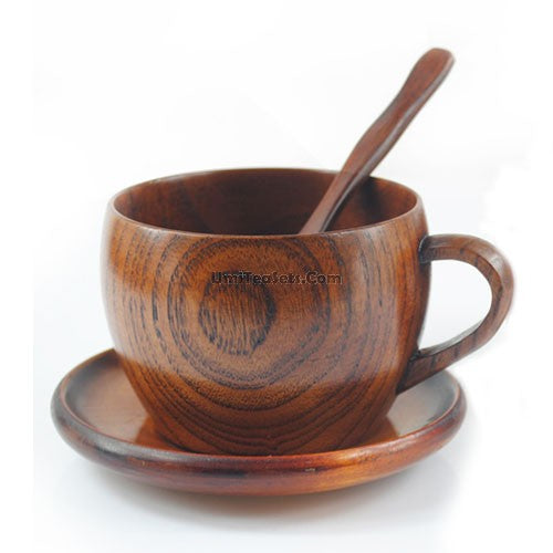 Wooden Tea Cup Set | Jujube Wood Cups Saucers & Spoons