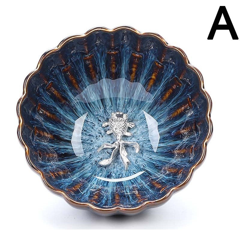 Jianzhan Blue Gongfu Tea Cup Sterling Silver Interior 4 Styles
