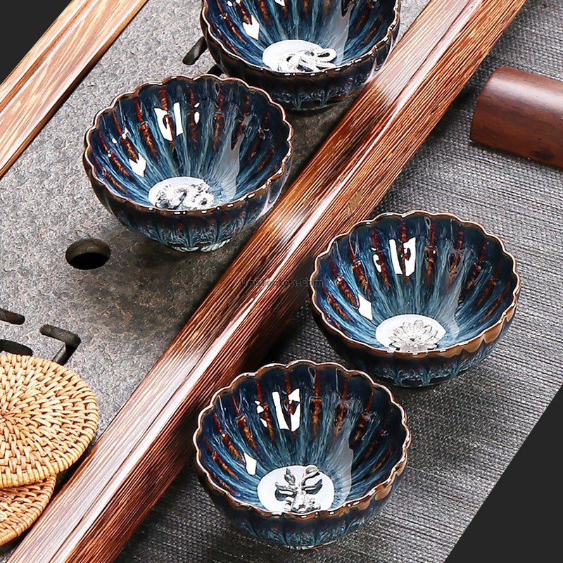 Jianzhan Blue Gongfu Tea Cup Sterling Silver Interior 4 Styles