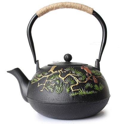 Cast Iron Teapot – Guest-Greeting Pine Engraved Tetsubin | Hemp Rope Handle, 1200ml Gongfu Tea Kettle