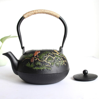 Cast Iron Teapot – Guest-Greeting Pine Engraved Tetsubin | Hemp Rope Handle, 1200ml Gongfu Tea Kettle