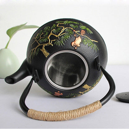 Cast Iron Teapot – Guest-Greeting Pine Engraved Tetsubin | Hemp Rope Handle, 1200ml Gongfu Tea Kettle