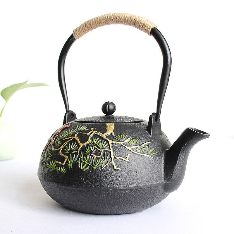 Cast Iron Teapot – Guest-Greeting Pine Engraved Tetsubin | Hemp Rope Handle, 1200ml Gongfu Tea Kettle