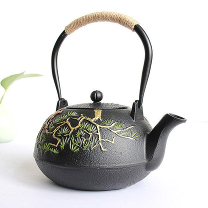 Cast Iron Teapot – Guest-Greeting Pine Engraved Tetsubin | Hemp Rope Handle, 1200ml Gongfu Tea Kettle