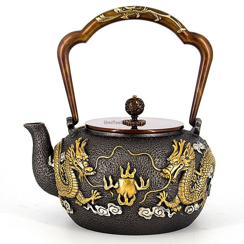 Cast Iron Teapot Double Dragon Relief 1300ml Handmade