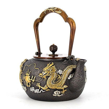 Cast Iron Teapot Double Dragon Relief 1300ml Handmade