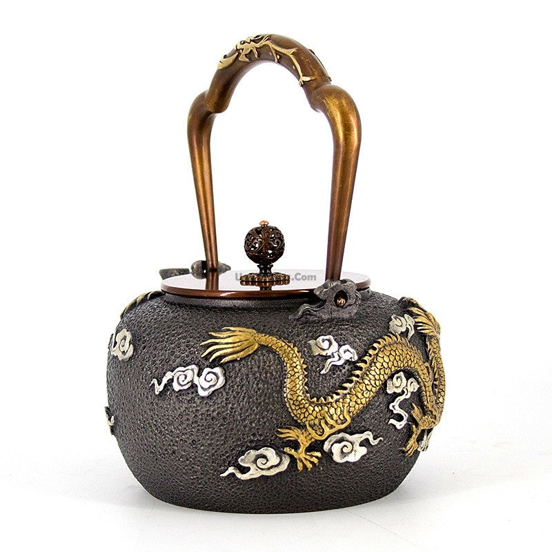 Cast Iron Teapot Double Dragon Relief 1300ml Handmade