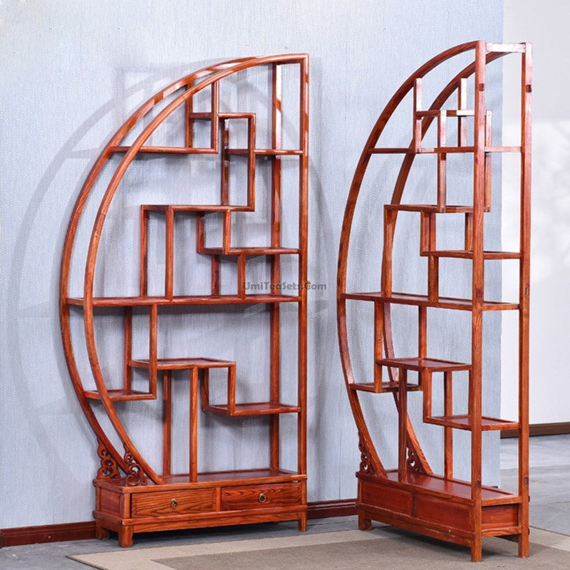 Display Cabinet Chinese Curio Round Elm Wood Shelf 206cm