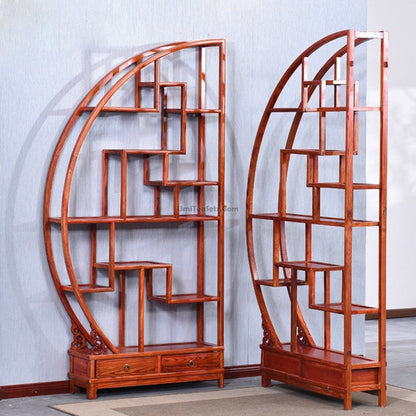 Display Cabinet Chinese Curio Round Elm Wood Shelf 206cm