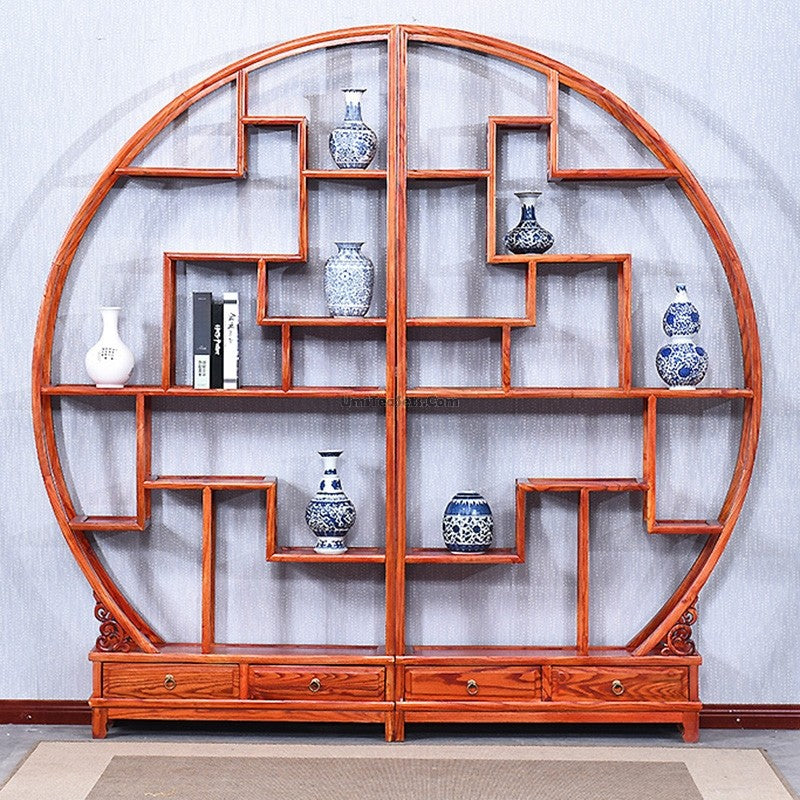 Display Cabinet Chinese Curio Round Elm Wood Shelf 206cm