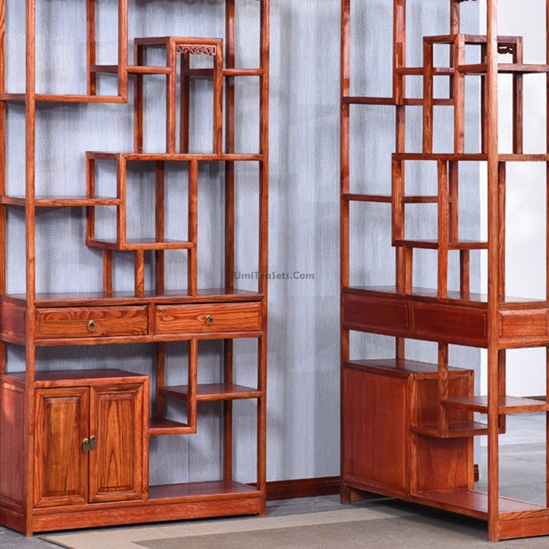 Tea Display Cabinet Elm Wood Shelf Teapot Collectible 196cm