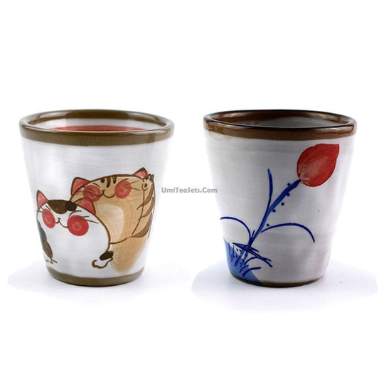 Hand Painted Lotus Japanese Tea Cups Set of 2 | Ceramic