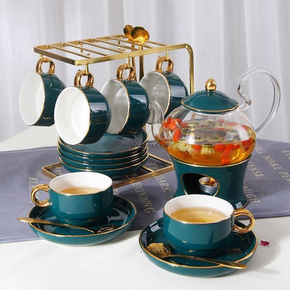 Bone China Tea Set Vintage Floral Gold Rim Warmer 14-Piece