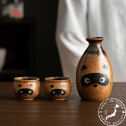 Ceramic Sake Set Tanuki Japanese Handcrafted Raccoon Folk Art Lucky