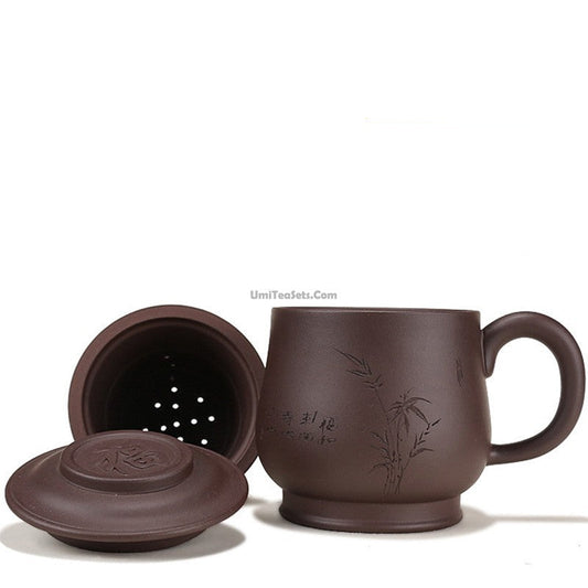 Yixing Tea Cup with Infuser Lid Purple Clay Hand-Carved 400ml