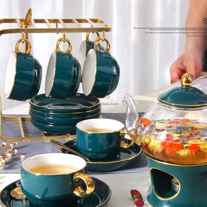 Bone China Tea Set Vintage Floral Gold Rim Warmer 14-Piece