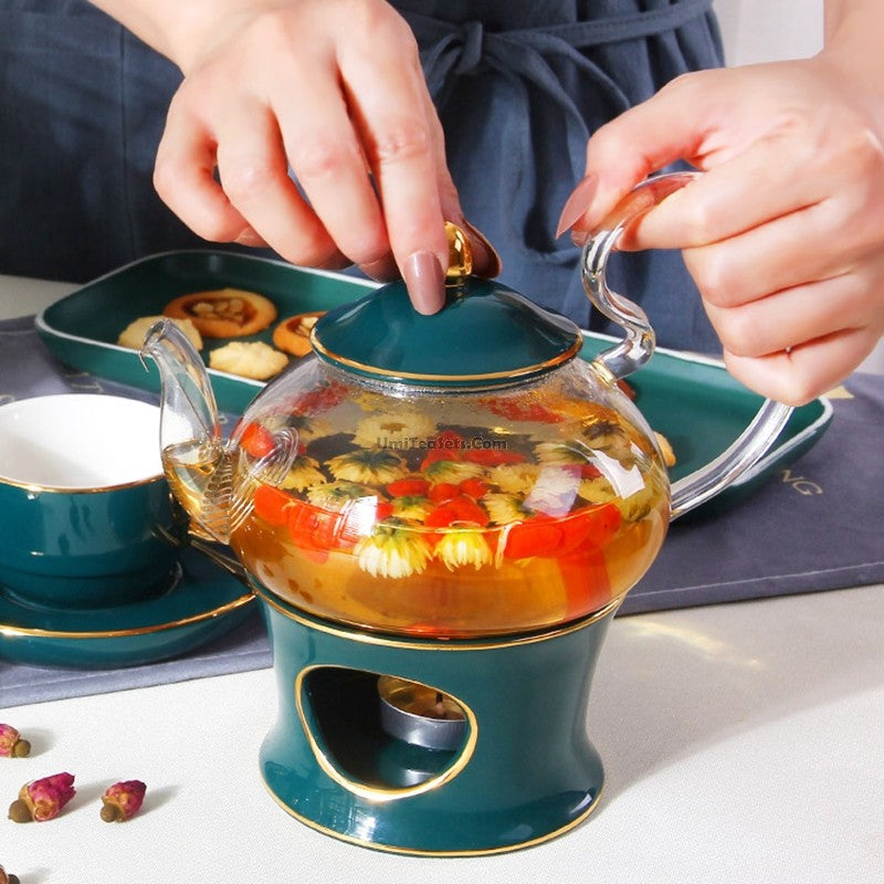 Bone China Tea Set Vintage Floral Gold Rim Warmer 14-Piece