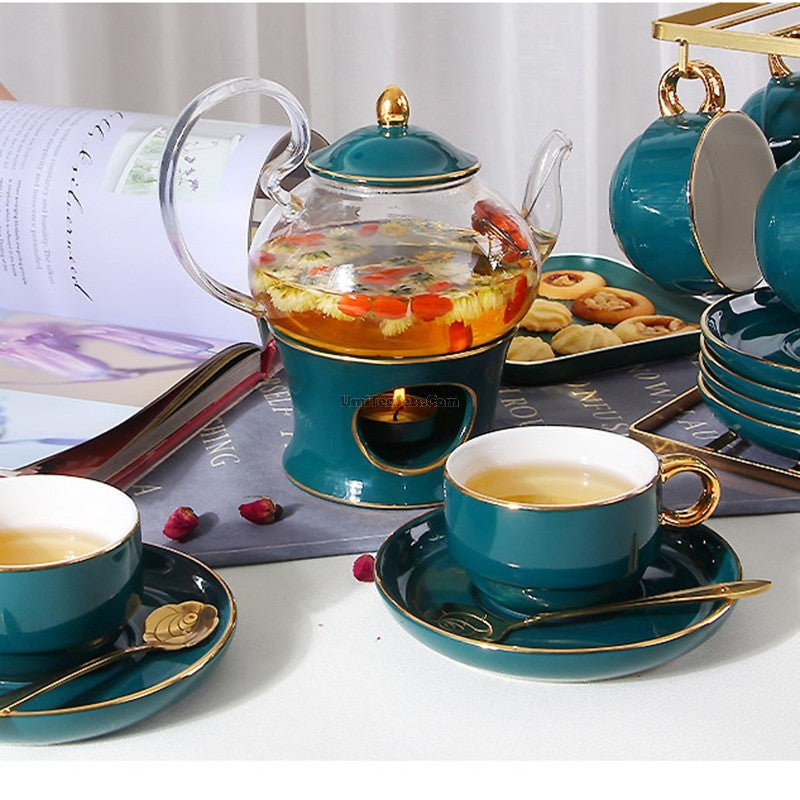 Bone China Tea Set Vintage Floral Gold Rim Warmer 14-Piece