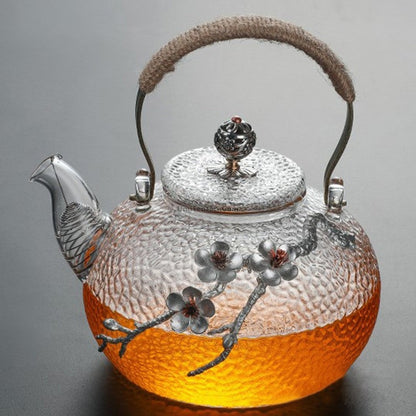 Glass Teapot Tin Plum Blossom Hemp Rope Handle 700ml