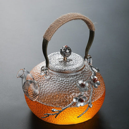 Glass Teapot Tin Plum Blossom Hemp Rope Handle 700ml