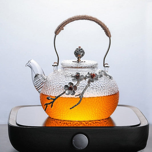 Glass Teapot Tin Plum Blossom Hemp Rope Handle 700ml