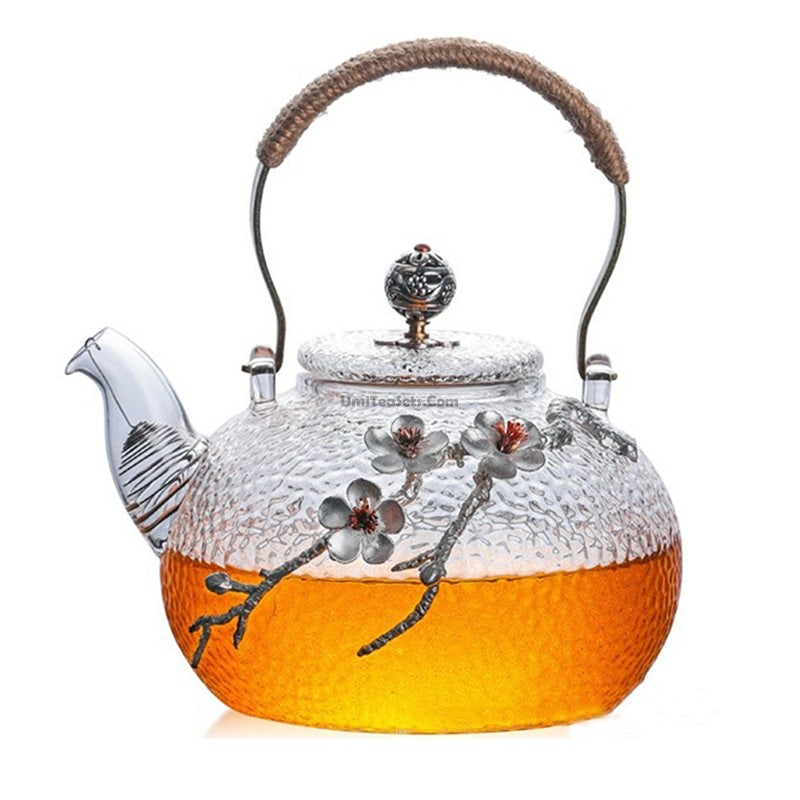 Glass Teapot Tin Plum Blossom Hemp Rope Handle 700ml
