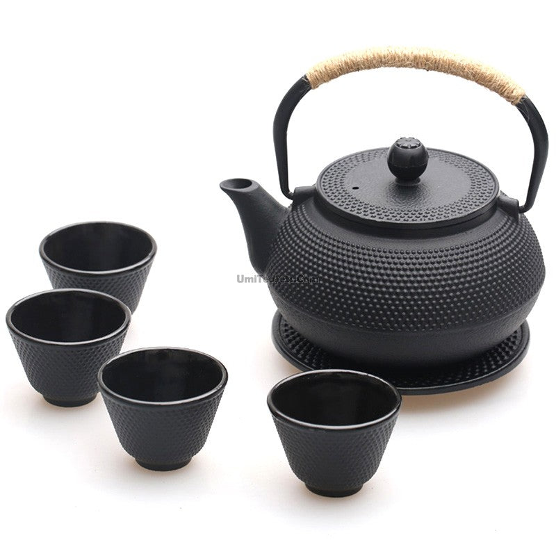 Cast Iron Teapot Set Black Dotted 900ml With 4 Cups