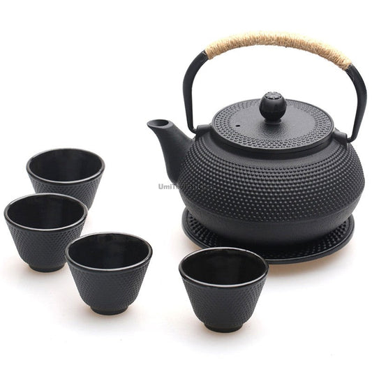 Cast Iron Teapot Set Black Dotted 900ml With 4 Cups