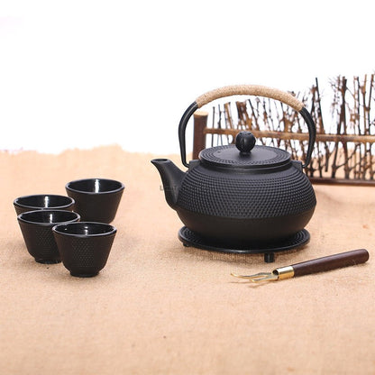 Cast Iron Teapot Set Black Dotted 900ml With 4 Cups