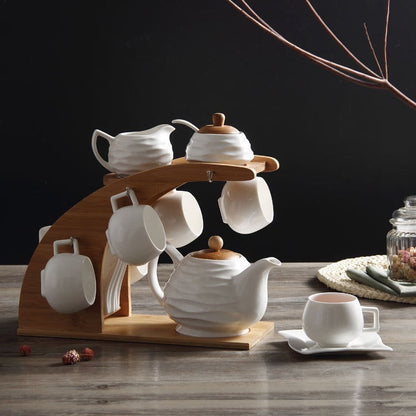 White Ceramic Tea Set Bamboo Rack 6 Cups Saucers Gift Box