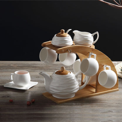 White Ceramic Tea Set Bamboo Rack 6 Cups Saucers Gift Box