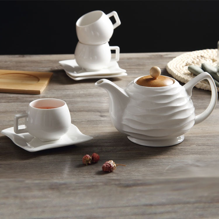White Ceramic Tea Set Bamboo Rack 6 Cups Saucers Gift Box
