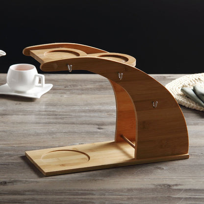 White Ceramic Tea Set Bamboo Rack 6 Cups Saucers Gift Box