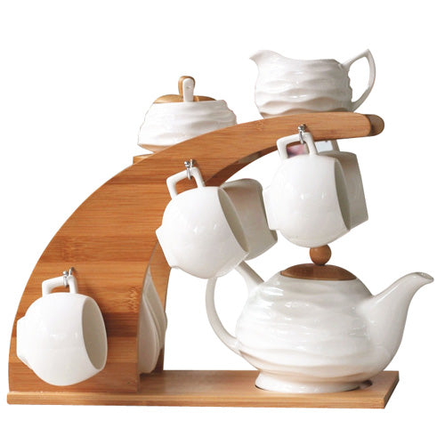 White Ceramic Tea Set Bamboo Rack 6 Cups Saucers Gift Box