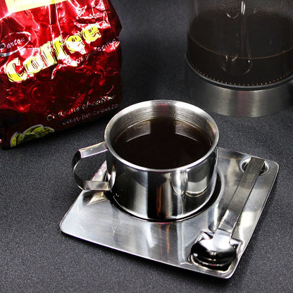 Stainless Steel Tea Coffee Cup Double Wall With Saucer Spoon