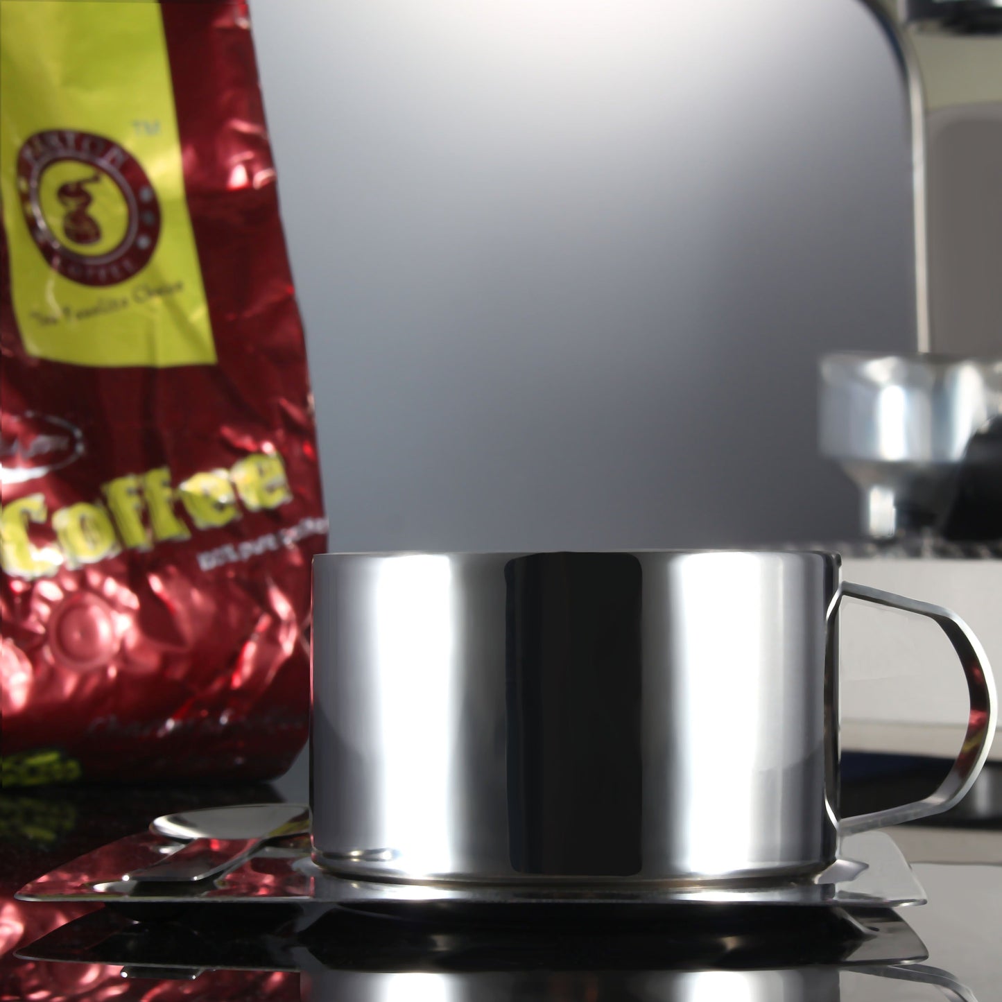 Stainless Steel Tea Coffee Cup Double Wall With Saucer Spoon